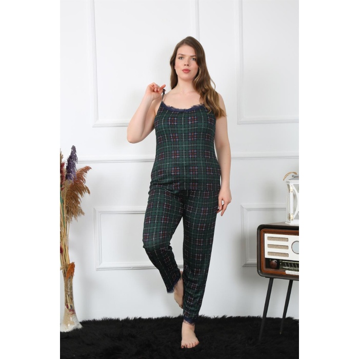 Moda Çizgi Kadın Büyük Beden Yeşil Ekoseli İp Askılı Pijama Takım  197