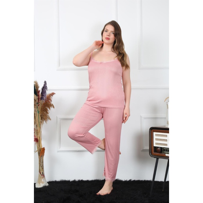 Moda Çizgi Kadın Büyük Beden Pudra İp Askılı Pijama Takım  195