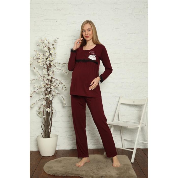 Moda Çizgi Kadın Hamile Lohusa Bordo Pijama Takımı 45201