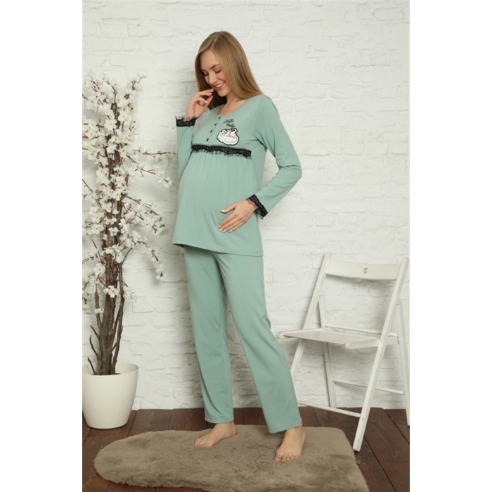 Moda Çizgi Kadın Hamile Lohusa Su Yeşili  Pijama Takımı 45201