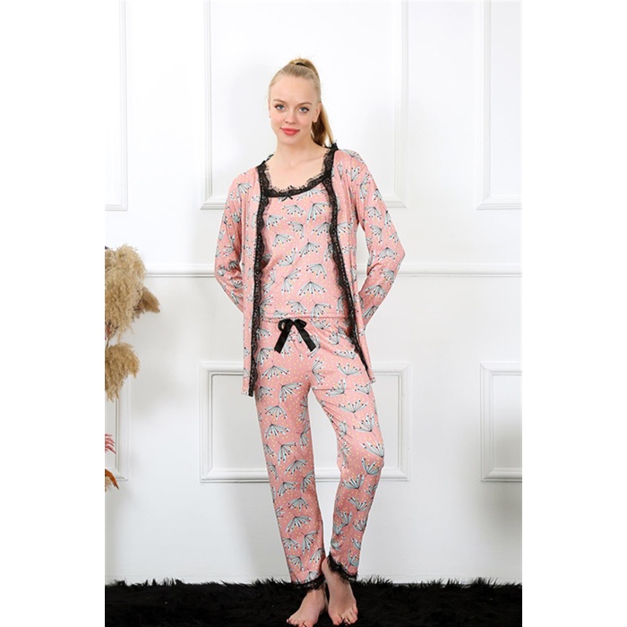 Moda Çizgi Kadın 3lü Somon Sabahlık Pijama Takım  03