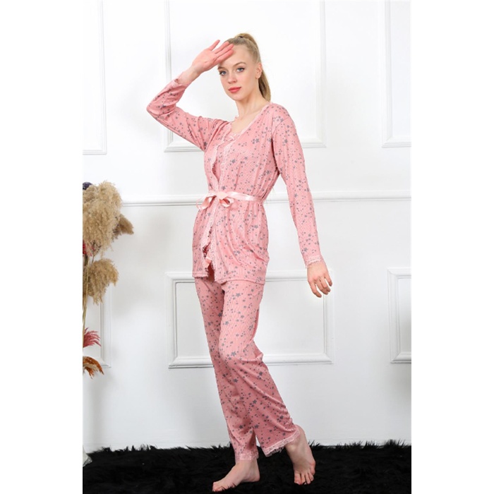 Moda Çizgi Kadın 3lü Gül Kurusu Sabahlık Pijama Takım  03