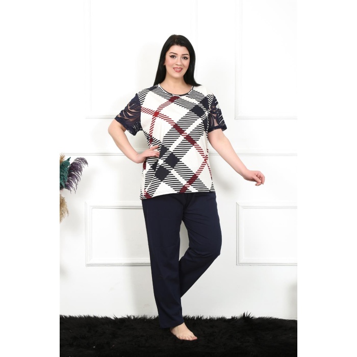 Moda Çizgi Kadın 5XL-6XL-7XL-8XL Büyük Beden Kısa Kol Pijama Takım 75003
