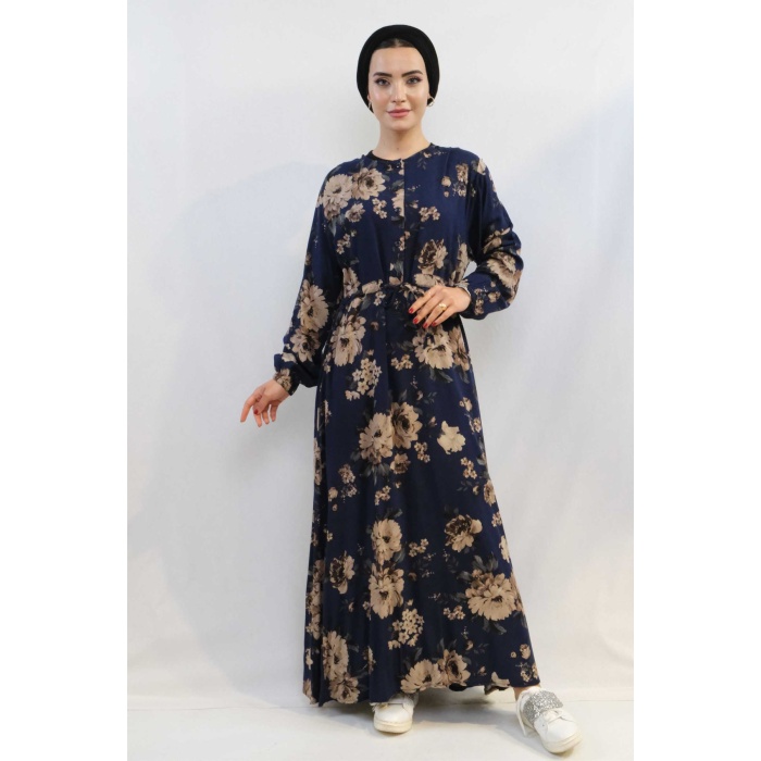 Moda Çizgi Gül Desenli Elbise MC4101 Lacivert