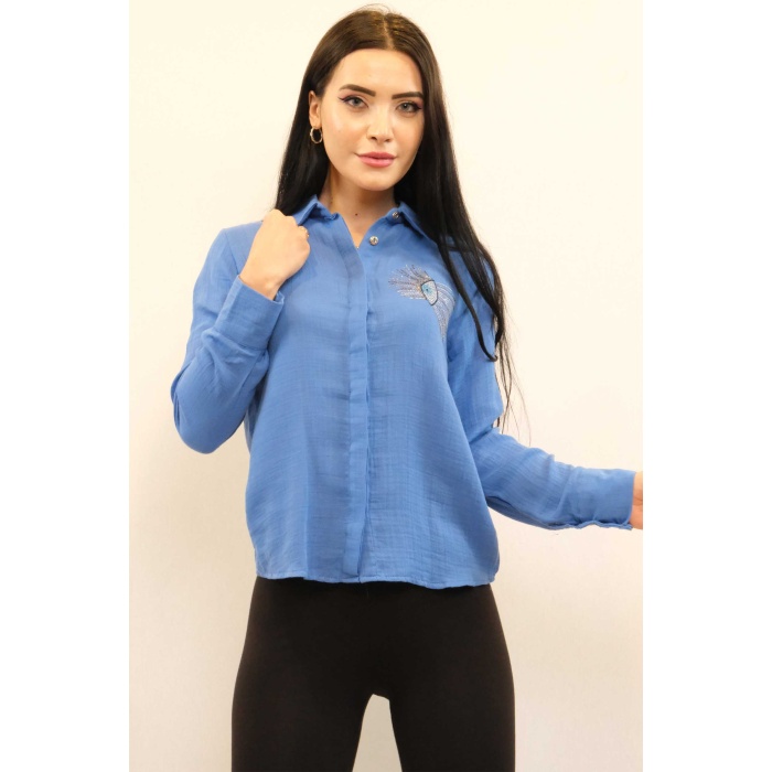 Moda Çizgi Taşlı  Keten Gömlek MC2301 İndigo