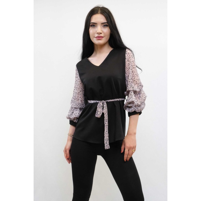 Moda Çizgi Büzgülü Şifon Kol Bluz Siyah