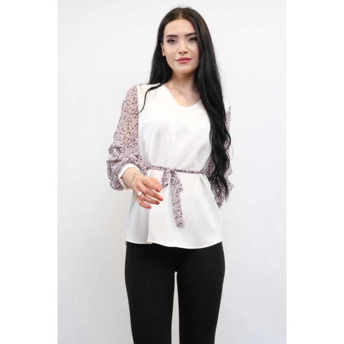 Moda Çizgi Büzgülü Şifon Kol Bluz Ekru