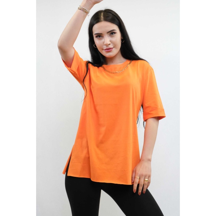 Moda Çizgi Zincir Aksesuarlı Tshirt Turuncu