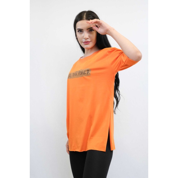 Moda Çizgi Bisiklet Yaka Oversize Tshirt Turuncu