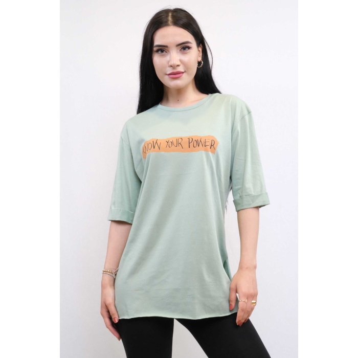 Moda Çizgi Bisiklet Yaka Oversize Tshirt Mint