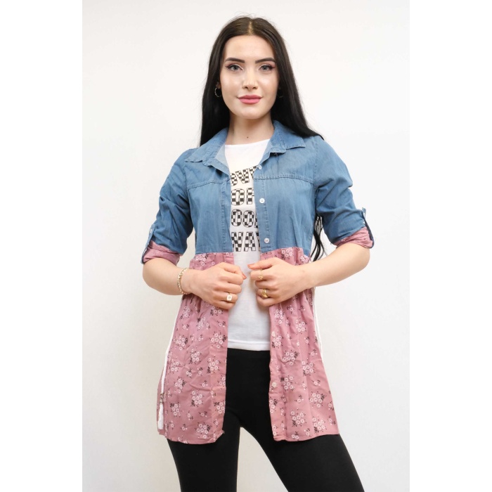 Moda Çizgi Gömlek İçi T-shirt İkili Takım Pudra