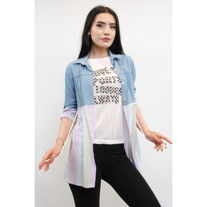 Moda Çizgi Gömlek İçi T-shirt İkili Takım Renkli
