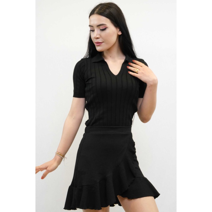 Moda Çizgi Gömlek Yaka Triko Bluz Siyah