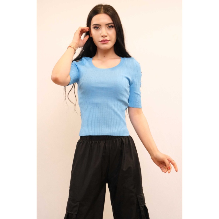 Moda Çizgi Kolları Taşlı Triko Bluz Mavi