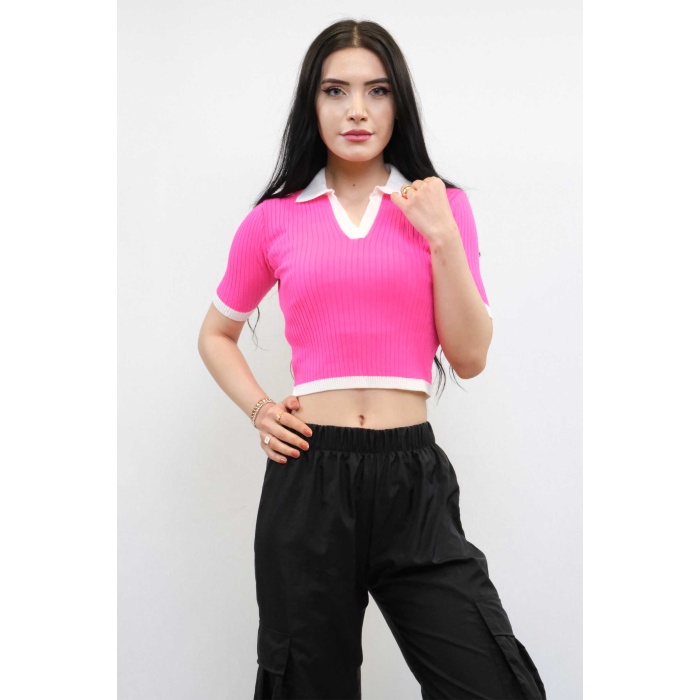 Moda Çizgi Renkli Yaka Triko Crop Pembe