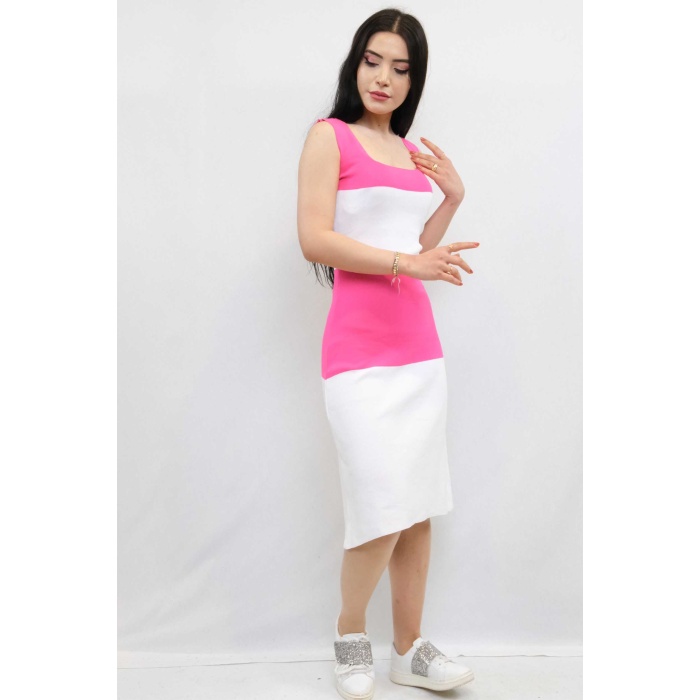 Moda Çizgi Triko Elbise Pembe
