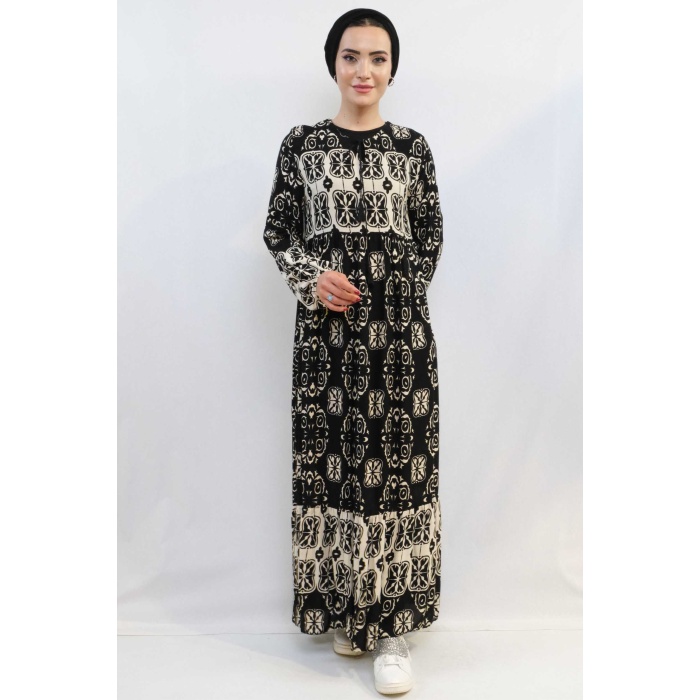 Moda Çizgi Papatya Desen Elbise Siyah