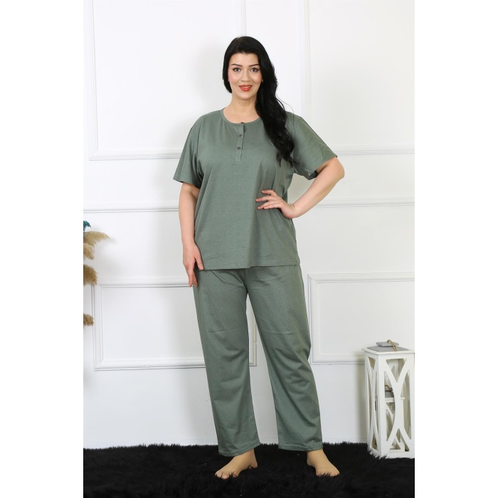 Moda Çizgi Kadın 5XL-6XL-7XL-8XL Büyük Beden Yeşil Kısa Kol Pijama Takım 75012