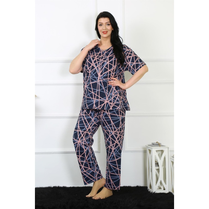 Moda Çizgi Kadın 5XL-6XL-7XL-8XL Büyük Beden Kısa Kol Pijama Takım 75008