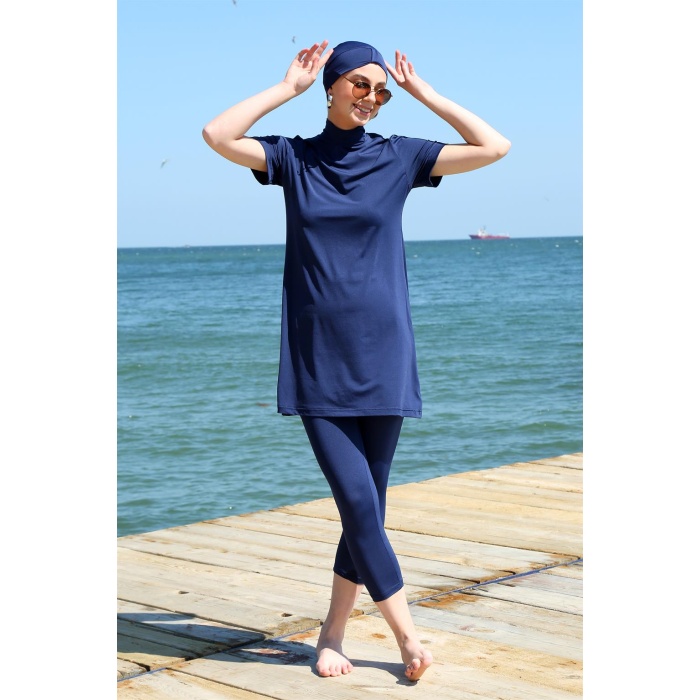 Moda Çizgi Kısa Kol Lacivert Yarım Tesettür Mayo 33015