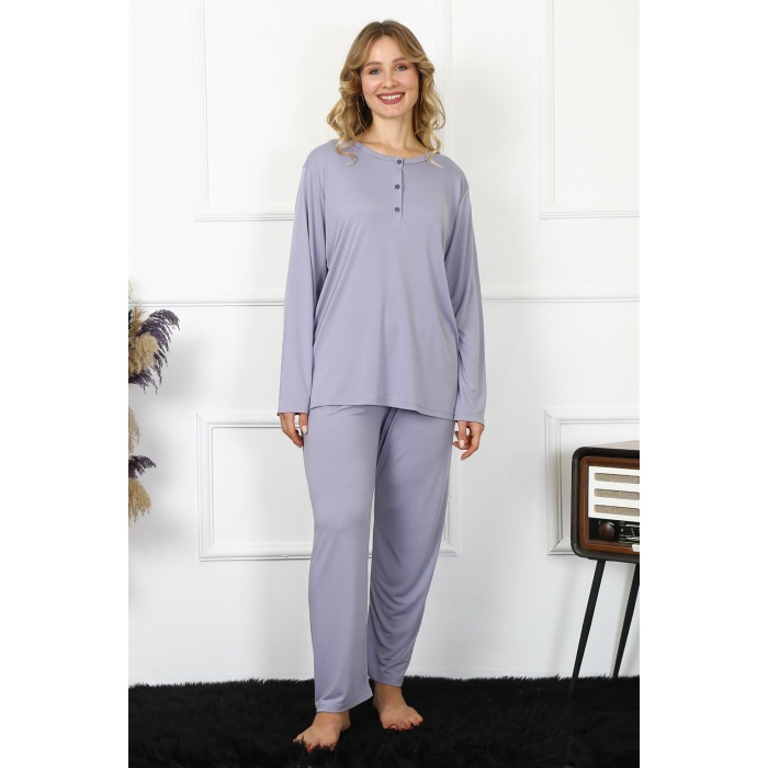 Moda Çizgi Kadın 4XL-5XL-6XL-7XL-8XL Büyük Beden Lila Uzun Kol Pijama Takım 75013