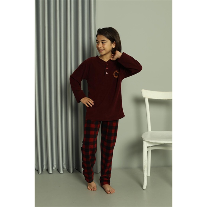 Moda Çizgi Erkek Çocuk WelSoft Polar Bordo Pijama Takımı  49