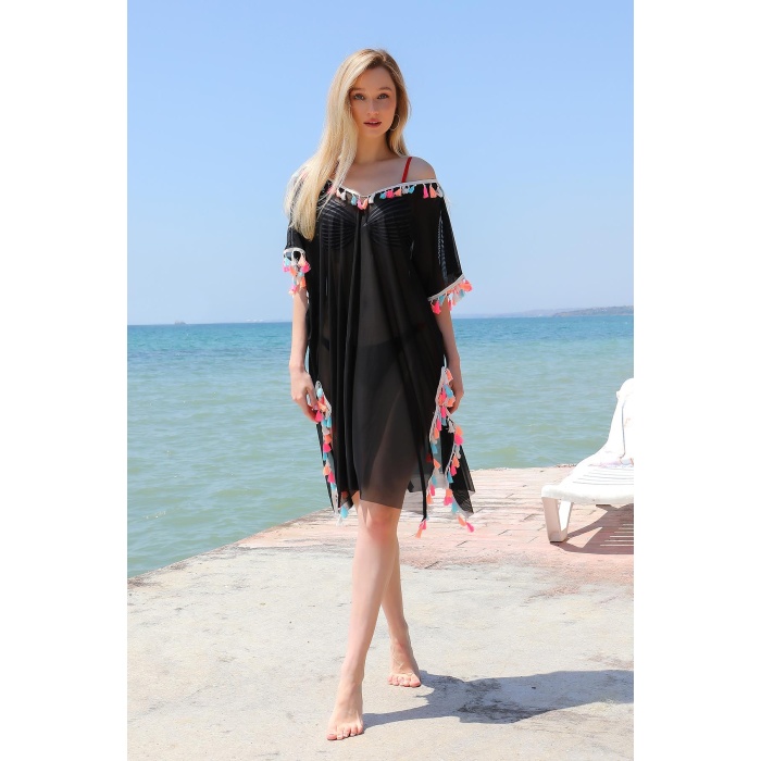 Moda Çizgi Kadın Püsküllü Tunik Pareo Plaj Elbisesi Siyah 38048