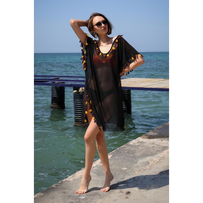 Moda Çizgi Kadın İşlemeli Tunik Pareo Plaj Elbisesi Siyah 38045
