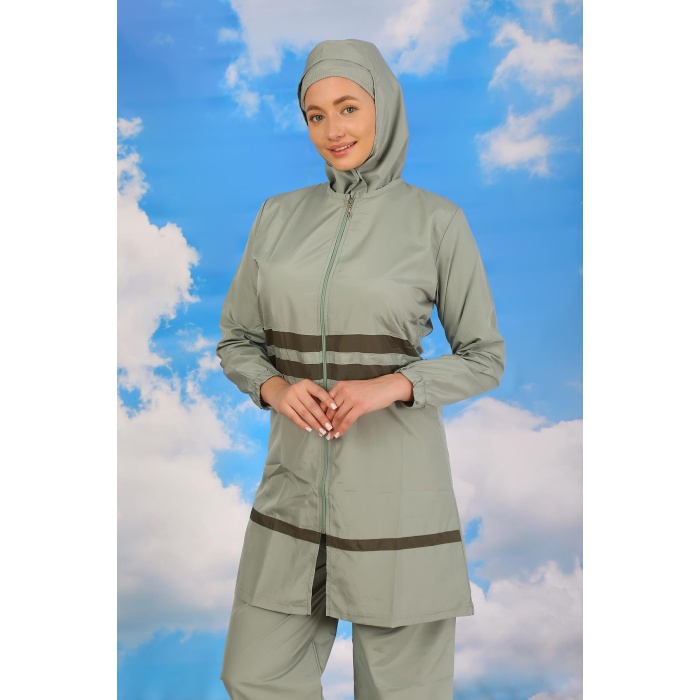 Moda Çizgi Kadın Tam Tesettür Mayo Su Yeşili 31061