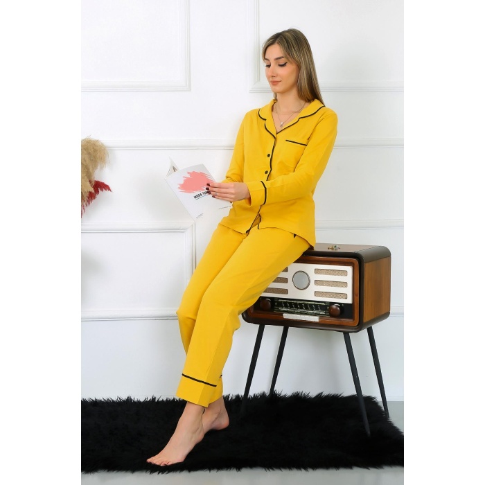 Moda Çizgi Kadın Pamuk Penye Önden Düğmeli Uzun Kol Sarı Pijama Takım 2782