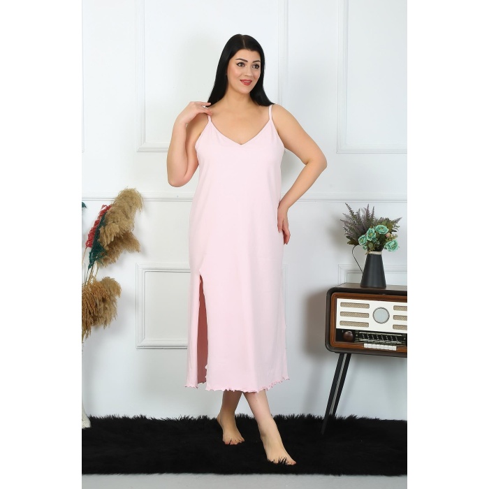 Moda Çizgi Kadın Büyük Beden İp Askılı Pamuklu Pembe Uzun Gecelik 12100