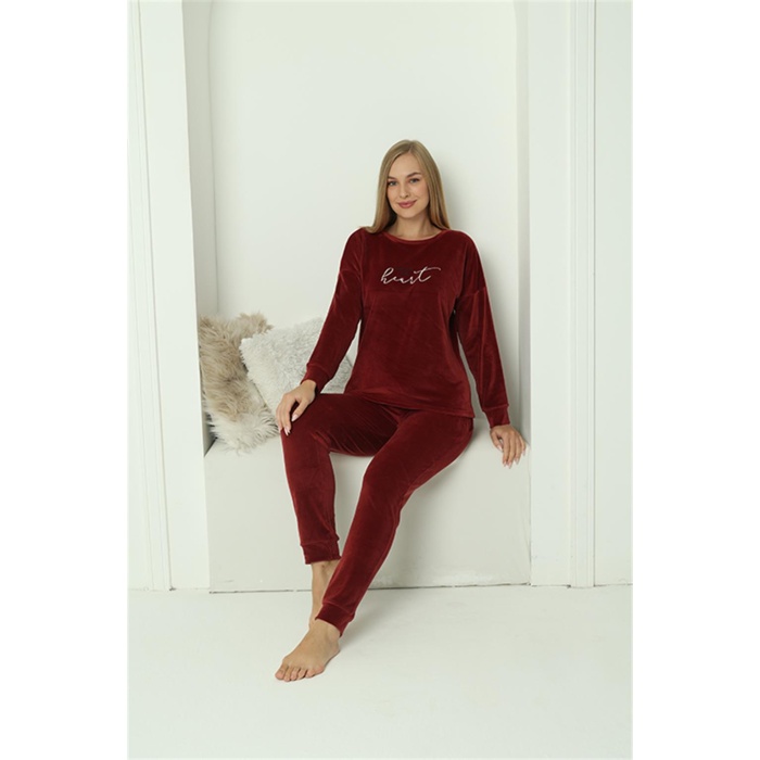 Moda Çizgi Kadın Kadife Bordo Pijama Takım  24