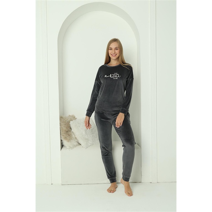 Moda Çizgi Kadın Kadife Füme Pijama Takım  24