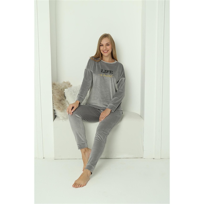 Moda Çizgi Kadın Kadife Gri Pijama Takım  24