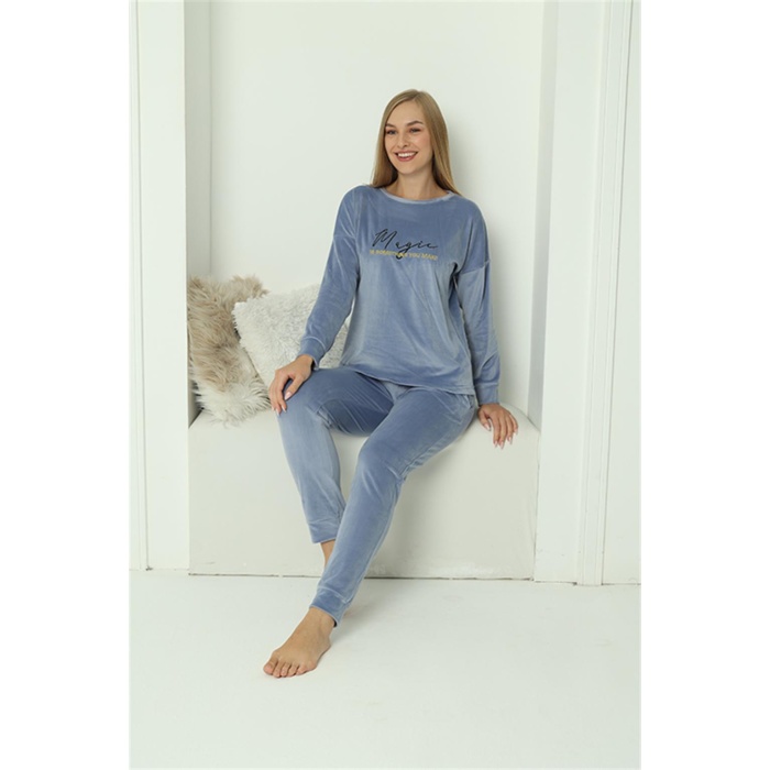 Moda Çizgi Kadın Kadife Mavi Pijama Takım  24