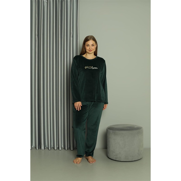 Moda Çizgi Büyük Beden Kadın Kadife Yeşil Pijama Takım  28