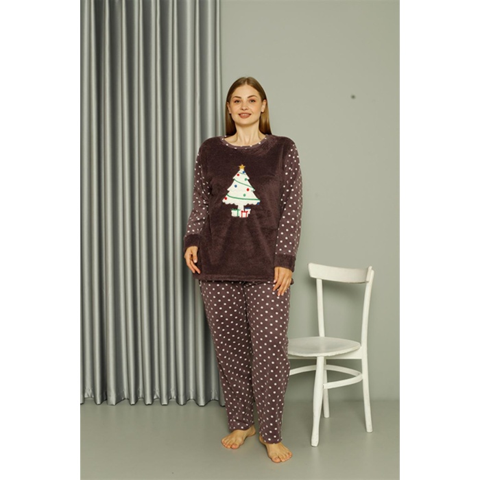 Moda Çizgi Welsoft Polar Kadın Büyük Beden Mürdüm Pijama Takımı 808048