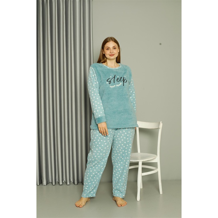 Moda Çizgi Welsoft Polar Kadın Büyük Beden Su Yeşili Pijama Takımı 808046