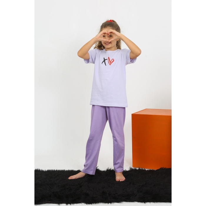 Moda Çizgi Kız Çocuk Kısa Kol Lila Penye Pijama Takım  32