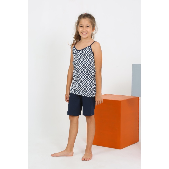 Moda Çizgi Kız Çocuk İp Askılı Şortlu Penye Lacivert Pijama Takım  30