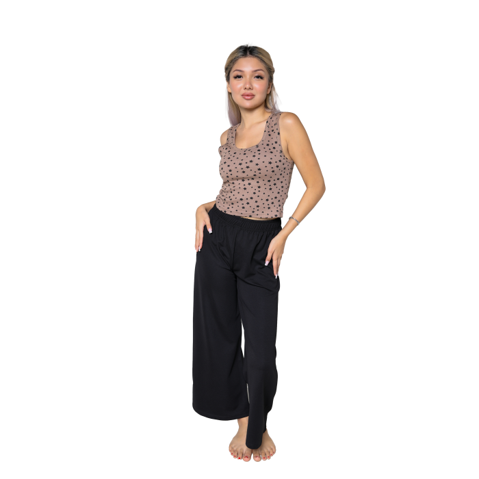 Moda Çizgi Kadın Kalın Askılı Body Bol Paça Pantolon 2`li Takım Kahve 4217