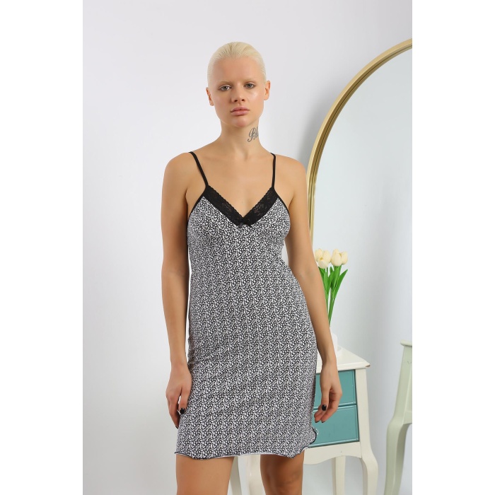 Moda Çizgi Kadın Penye Desenli İp Askılı Gecelik 36715