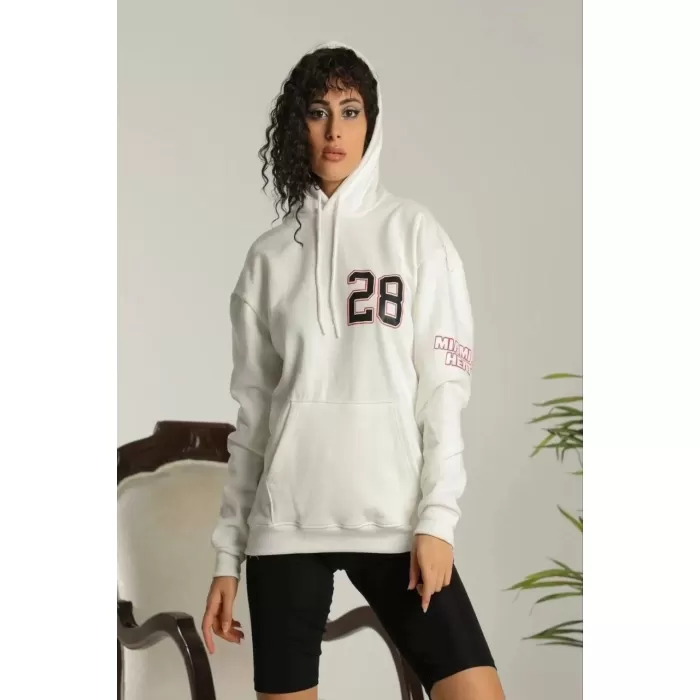 Kadın Sırt Baskılı Oversize Üç İplik Kapüşonlu Sweatshirt - Beyaz