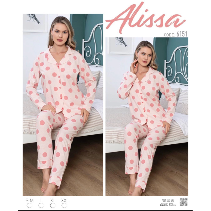 Alissa 6  Bayan Somon Puanlı Patlı Uzun Kol Pijama Takımı
