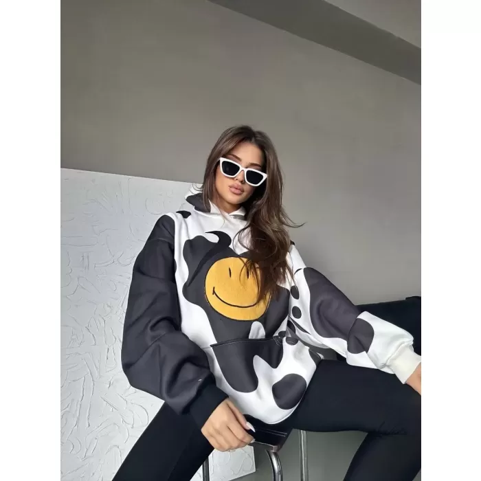 Kadın Smiley Face Kapüşonlu Sweatshirt - Siyah