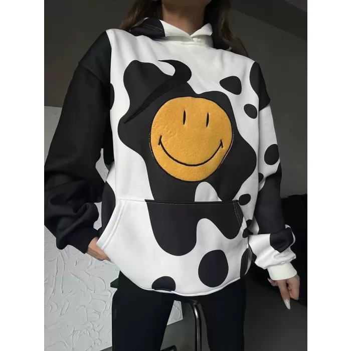 Kadın Smiley Face Kapüşonlu Sweatshirt - Siyah