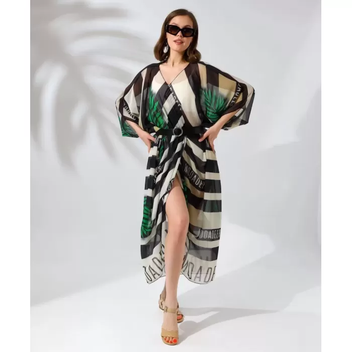 Kadın Rahat Kesim Kemerli Şifon Kimono - Yeşil
