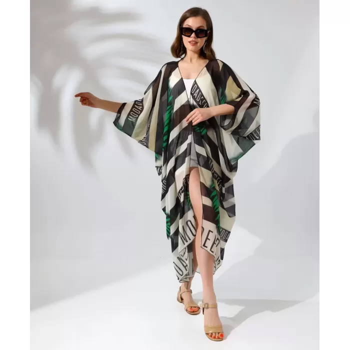 Kadın Rahat Kesim Kemerli Şifon Kimono - Yeşil