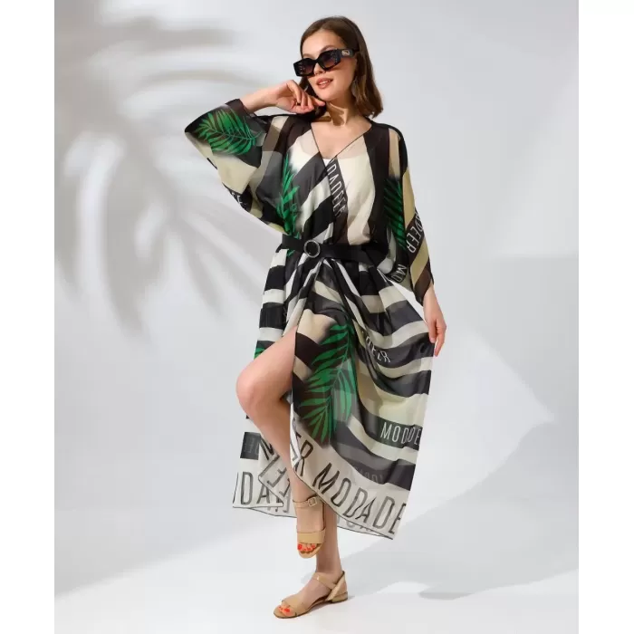 Kadın Rahat Kesim Kemerli Şifon Kimono - Yeşil