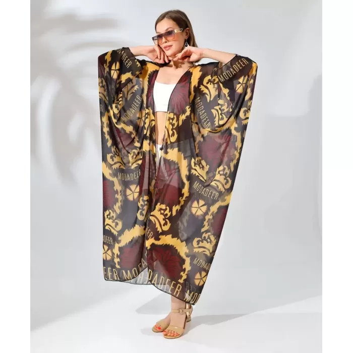Kadın Rahat Kesim Kemerli Şifon Kimono - Kahve